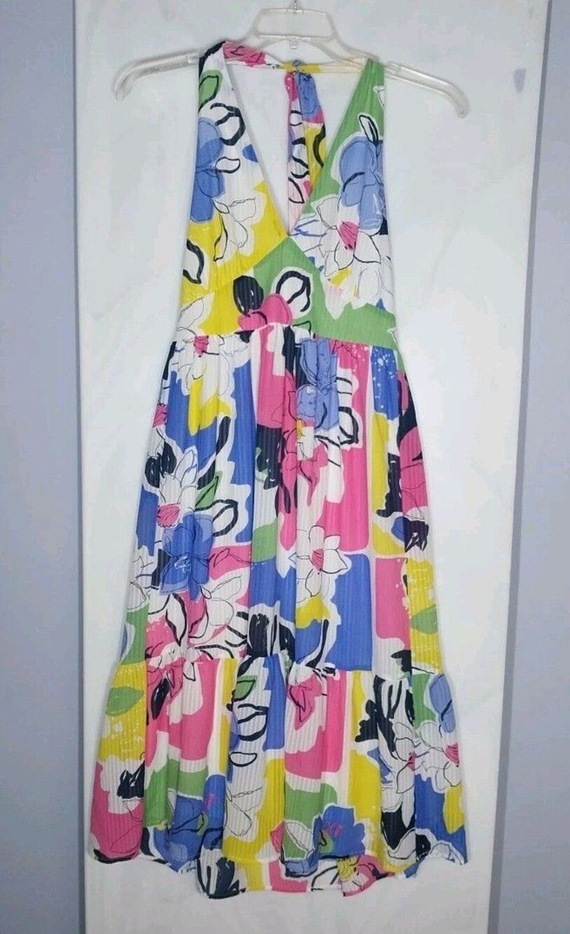 Ophelia Roe Sz M Floral Maxi Dress Halter Smocked Lined